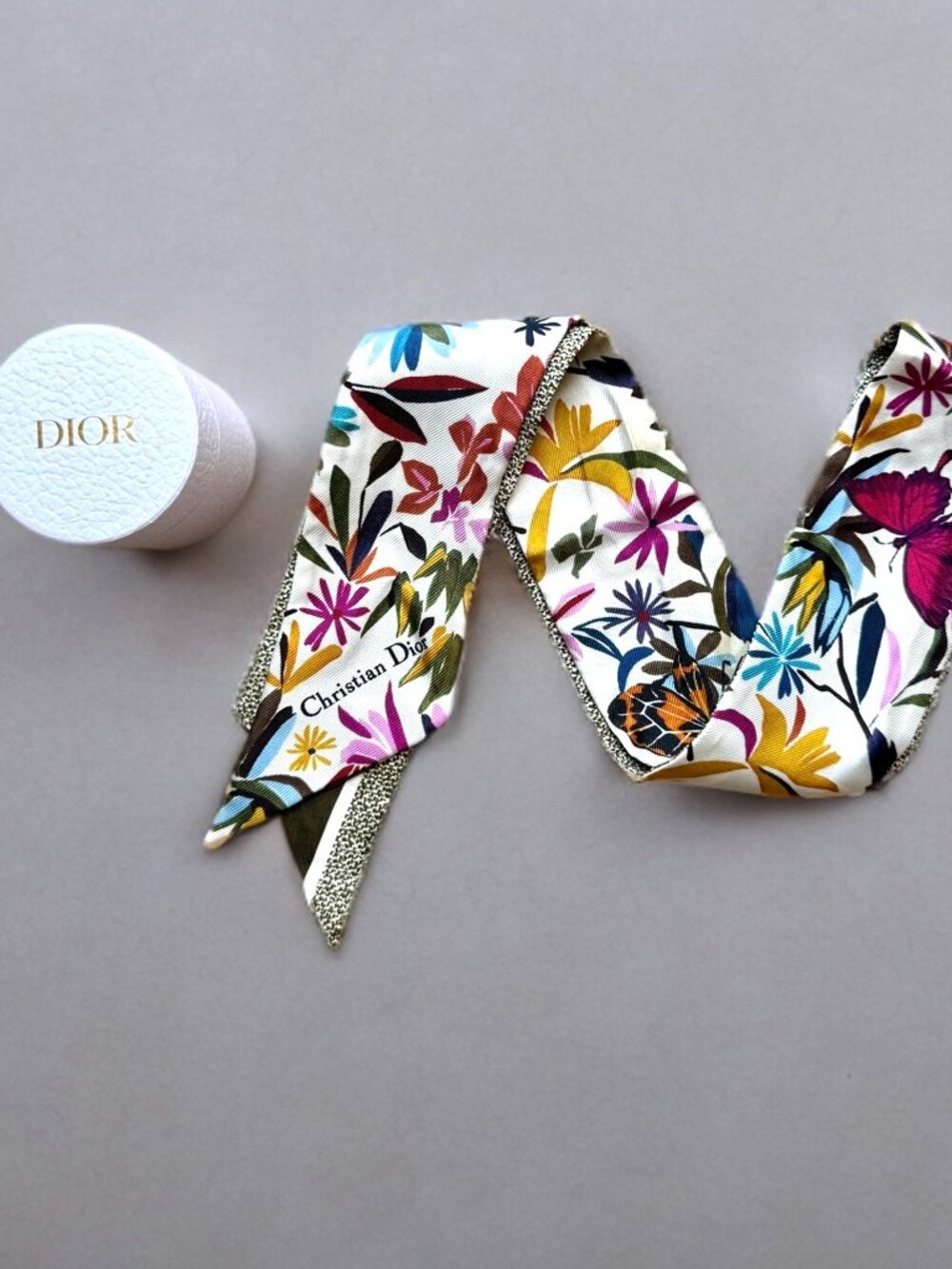 Christian Dior Silk Multicolor Mitzah Floral Butterfly Long Scarf